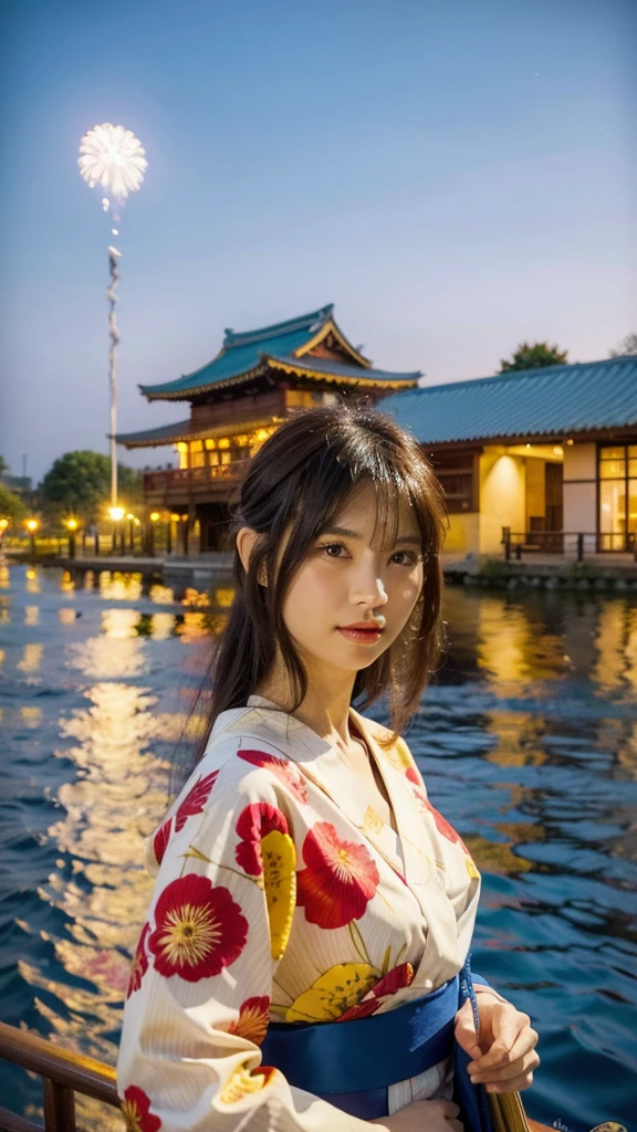 Masterpiece, best quality, ultra high resolution, hyper realistic, realistic, (photorealistic:1.4), masterpiece of analog film photograph a girl, long black hair, blunt bangs, taken by Hideaki Hamada using Pentax 67II and Kodak Portra, standing by a riverside at night, watching fireworks, She is dressed in a traditional, elegant yukata with a floral pattern and an obi sash, The background shows colorful fireworks lighting up the night sky, reflections on the water, and people in the background enjoying the festival, High-resolution, realistic depiction, with a touch of elegance and allure, selfie, anatomically correct