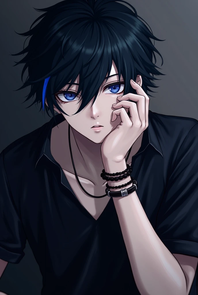 "Create a digital illustration of a young man with striking blue eyes and messy black hair highlighted with blue streaks. His expression is intense, and he is holding his hand over his face in a contemplative pose. He wears a black shirt, bracelets on his wrist, and a necklace. The background is dark, making the character stand out with a slightly mysterious and cool aura. The style should be detailed and polished, with a focus on realistic lighting and shadow effects."