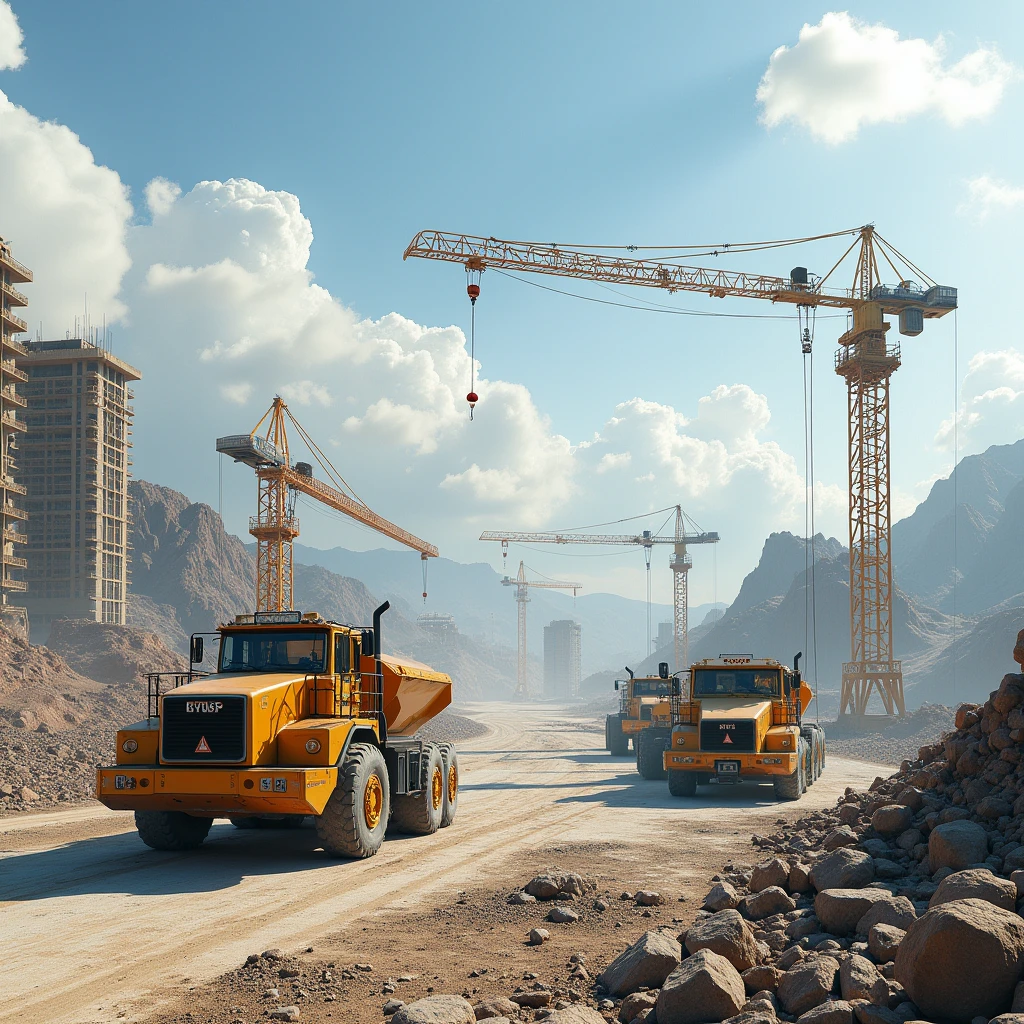 Hyper realistic image of outdoors construction background with heavy duty vehicles