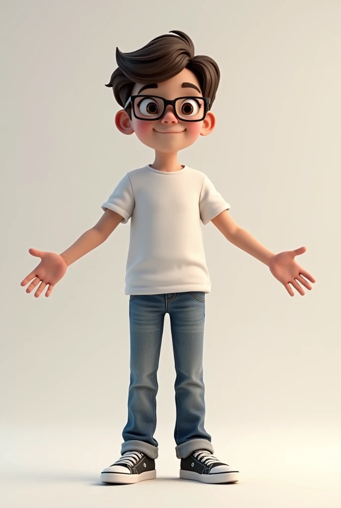 A boy character in a t-pose without backgrounds, with accessories like a glasses, both arms are open