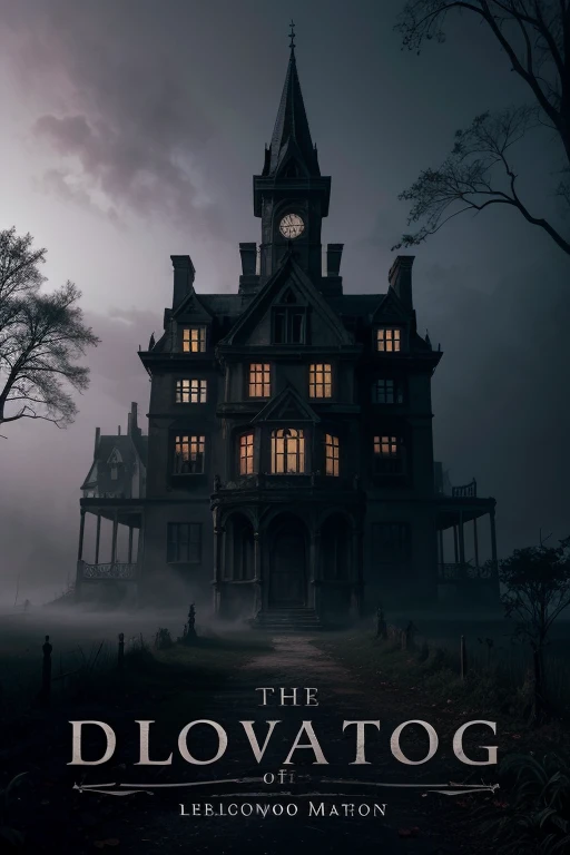 book cover: Title "The Haunting of Holloway Manor" in gothic font with shading. main image: old, dilapidated mansion surrounded by thick fog. Predominant Colors: blackw, gris, dark blue, dark red or purple details. Author's name: Leonardo Peres Cardoso, simple font at the bottom.