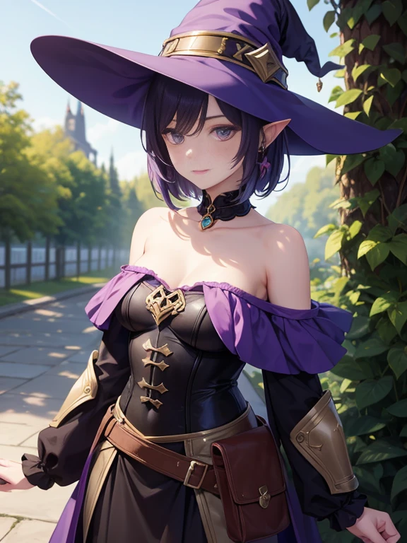 Witch in Armor,Purple short hair,Pointed Ears,off shoulder