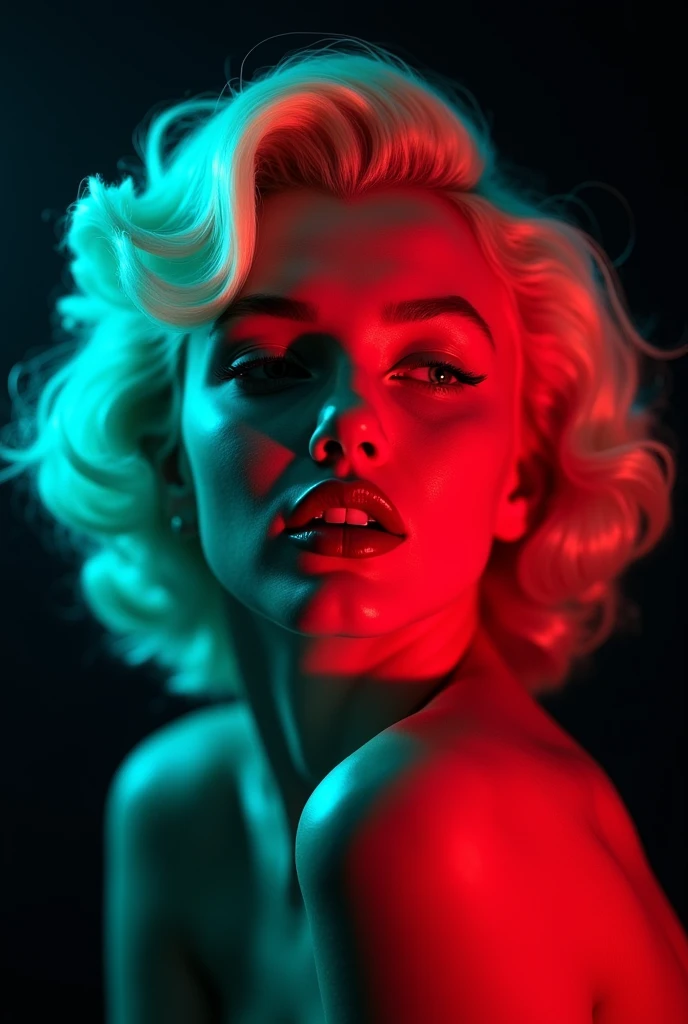 Marilyn Monroe with blue-green and red studio lights with empty background