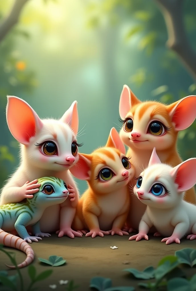 Four sugar gliders, same colors , two geckos , cute, disney characters, suitable for desktop background