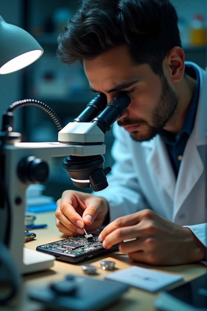 Person repairing a mobile phone in front of a microscope