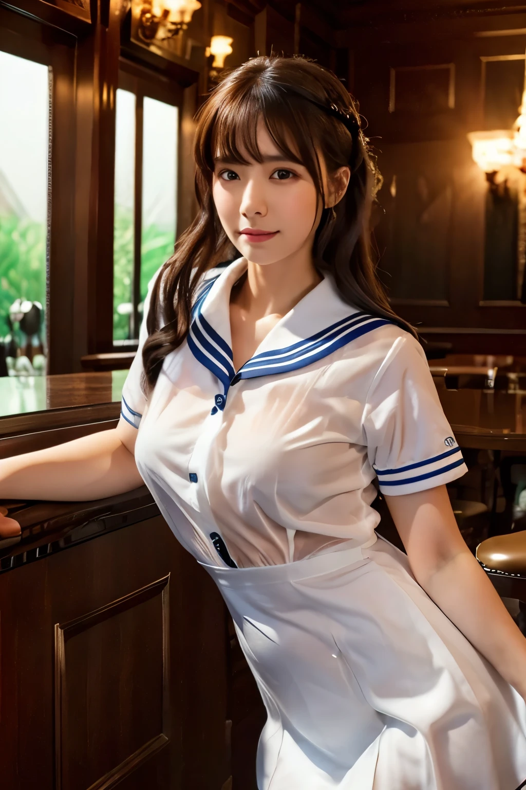 (see-through:1.3),white serafuku,sailor dress, white theme,unbuttoned school uniform, sailor suit, looking at viewer, insanity, messy long hair, beautiful detailed eyes,Hair glows,dramatic angle,blue sailor collar, perky breasts,light smile,partially underwater shot..., in an upscale Gentleman's club