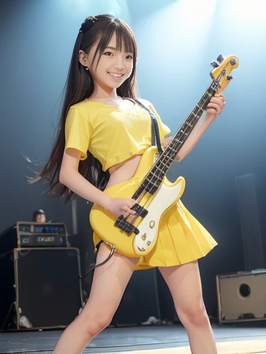 Japanese female, (underweight), (flat chest best quality:1.5), (cheerful grin:1.5),
festival, delightful, (playing the electric bass vigorously), long hair, (white trunk neck tee), (yellow skirt:1.2), (with a bass), at concert, full body shot, low angle shot, (stage lights), (colorful lighting)