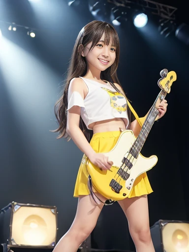 Japanese female, (underweight), (flat chest best quality:1.5), (cheerful grin:1.5),
festival, delightful, (playing the electric bass vigorously), long hair, (white trunk neck tee), (yellow skirt:1.2), (with a bass), at concert, full body shot, low angle shot, (stage lights), (colorful lighting)