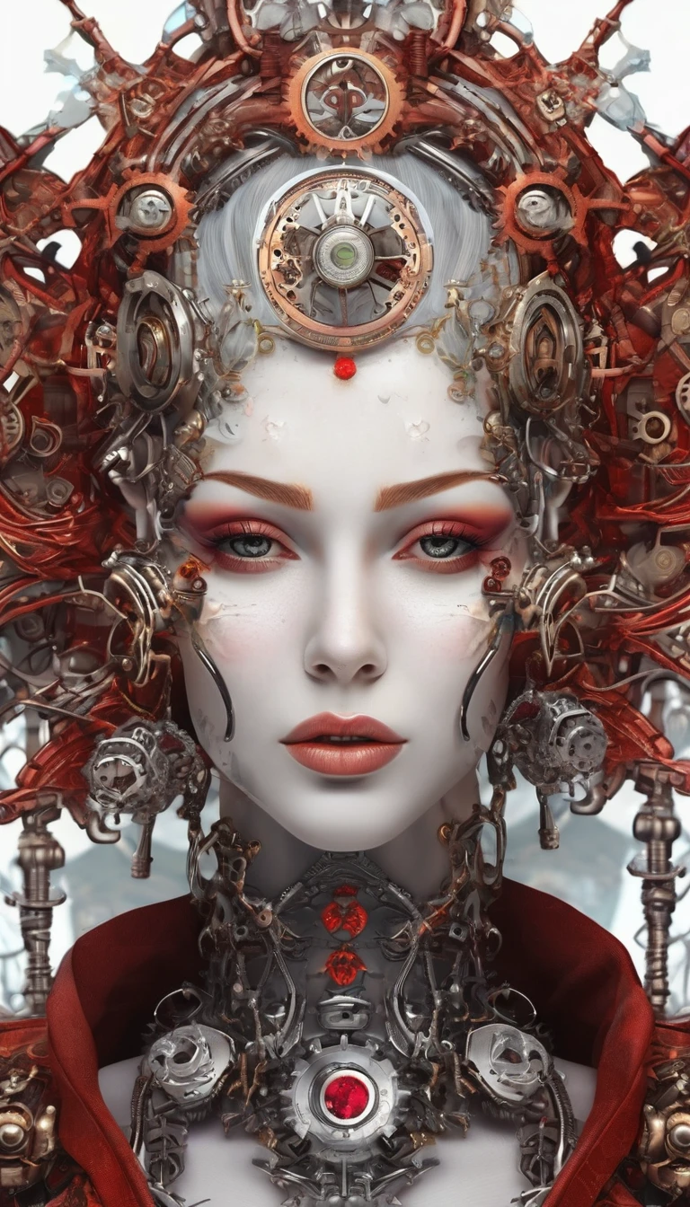 A beautiful female alien face, split frame, left side with skin and gem fractal tattoo, red hair, photorealistic, 8k, high detail, digital art, right side with steampunk style mechanism, white hair, high detail, professional photo, 64k, computer graphics, metamorphosis, cleavage, bright lipstick, long eyelashes, realism, attention to detail, contemporary art