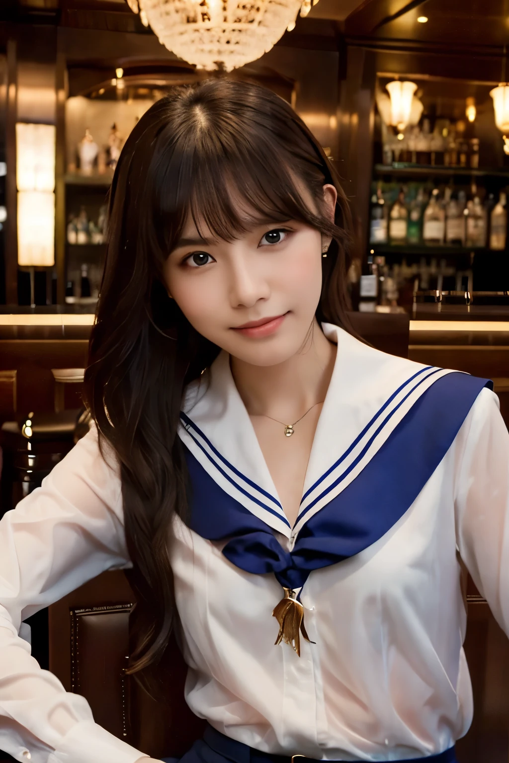 (see-through:1.3),white serafuku,sailor dress, white theme,unbuttoned school uniform, sailor suit, looking at viewer,  insanity, messy long hair, beautiful detailed eyes,Hair glows,dramatic angle,blue sailor collar, perky breasts,light smile,partially underwater shot..., in an upscale Gentleman's club