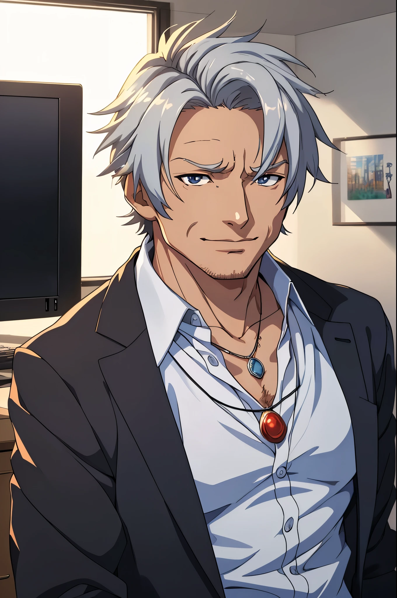 (((masterpiece、Anime Style、high resolution、high quality、Delicate、Ultra-high resolution、8k)))Japanese men、65age、Gray Hair、elder、Wrinkles、Black suit、WhiteYshirt、accessories、necklace、office