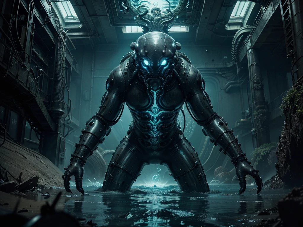 In a stunningly detailed line art illustration, a tech-savvy grotesque kraken emerges from the depths of the sea. Its tentacles are adorned with intricate cybernetic implants, pulsating with neon lights and intricate circuitry. The creature's eyes glow with an otherworldly intensity, reflecting a mix of intelligence and malevolence. The artist has skillfully captured the monstrous beauty of the kraken, blending organic and mechanical elements seamlessly. This high-quality image is sure to captivate viewers with its mesmerizing depiction of a futuristic sea monster.