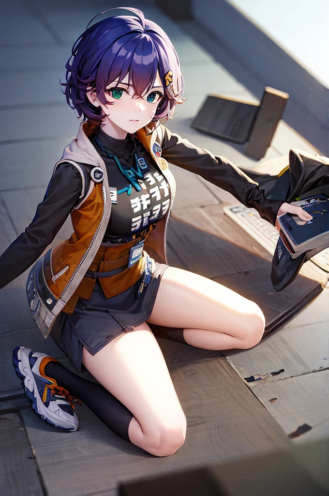 (masterpiece), best quality, expressive eyes, perfect face, sneakers, one sock, one black stocking, gray skirt, one fingerless glove, audio player on belt, unbuttoned jacket, green pendant, black T-shirt, orange hairpin, short blue hair, BelleZZZ, 1girl, solo, big breasts, nsfw