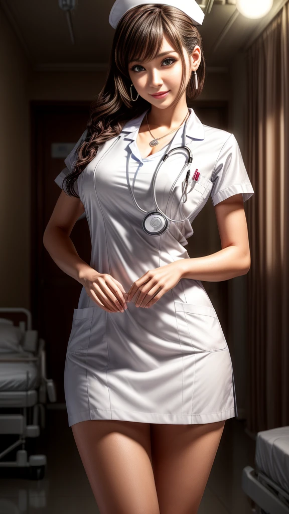 (32K:1.9, Highest quality, masterpiece, Ultra-high resolution), Professional camera work:1.3, Very detailedな肌と顔の質感:1.3, Always accurate, Very detailed, ((25 Talents, nurse, A dark room in a large hospital:1.4, The moonlight at night illuminates the room:1.2)), (Bursting Big Breasts, Tight white nurse uniform:1.3, Incredibly slim body), Fair skin, elegant, sense of cleanliness, Sensual pose, (Big eyes that exude beautiful eroticism:0.4, A shy smile:1.0, I love you with all my heart:0.8, Please open your mouth a little, lipstick, Feel the beautiful eroticism:0.9), (Dark brown medium hair), Stethoscope, Earrings, necklace, bracelet, (romantic, mysterious), Object of admiration, original, dramatic, artistic, Innovative, charm, Heartful, Fancy, sense of openness, special, exciting, Extreme, Tilt, sense of loss, sorrow, sorrowの表現, ((若さのcharm, 女性的なcharm))