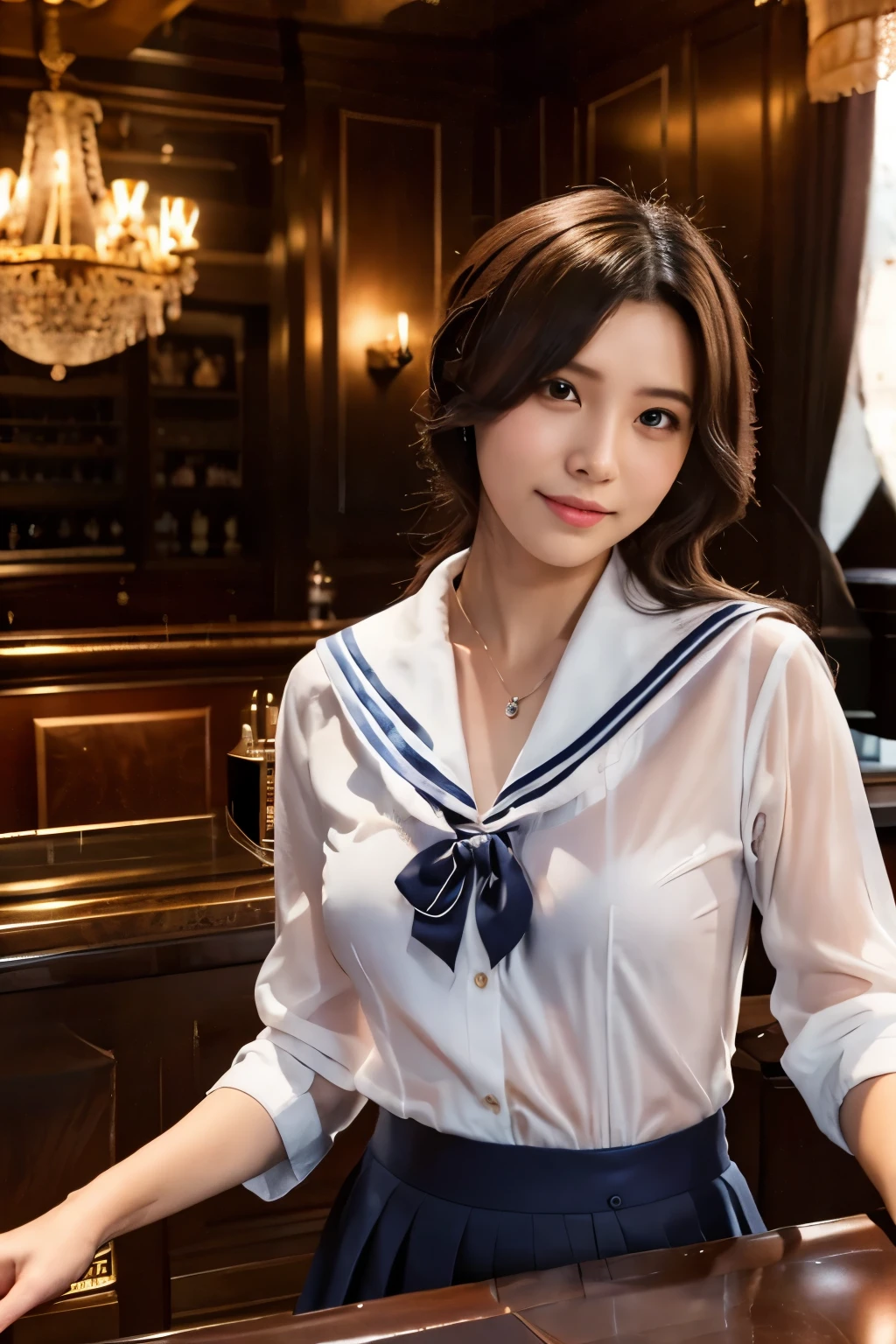 (see-through:1.3),white serafuku,sailor dress, white theme,unbuttoned school uniform, sailor suit, looking at viewer,  insanity, messy long hair, beautiful detailed eyes,Hair glows,dramatic angle,blue sailor collar, perky breasts,light smile,partially underwater shot..., in an upscale Gentleman's club