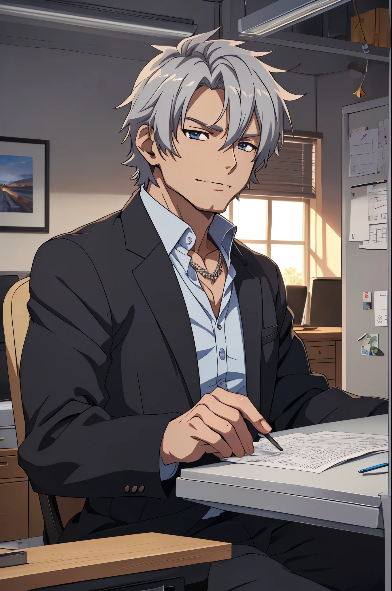 (((masterpiece、Anime Style、high resolution、high quality、Delicate、Ultra-high resolution、８ｋ)))Japanese men、６５age、Gray Hair、elder、Wrinkles、Black suit、WhiteＹshirt、accessories、necklace、office