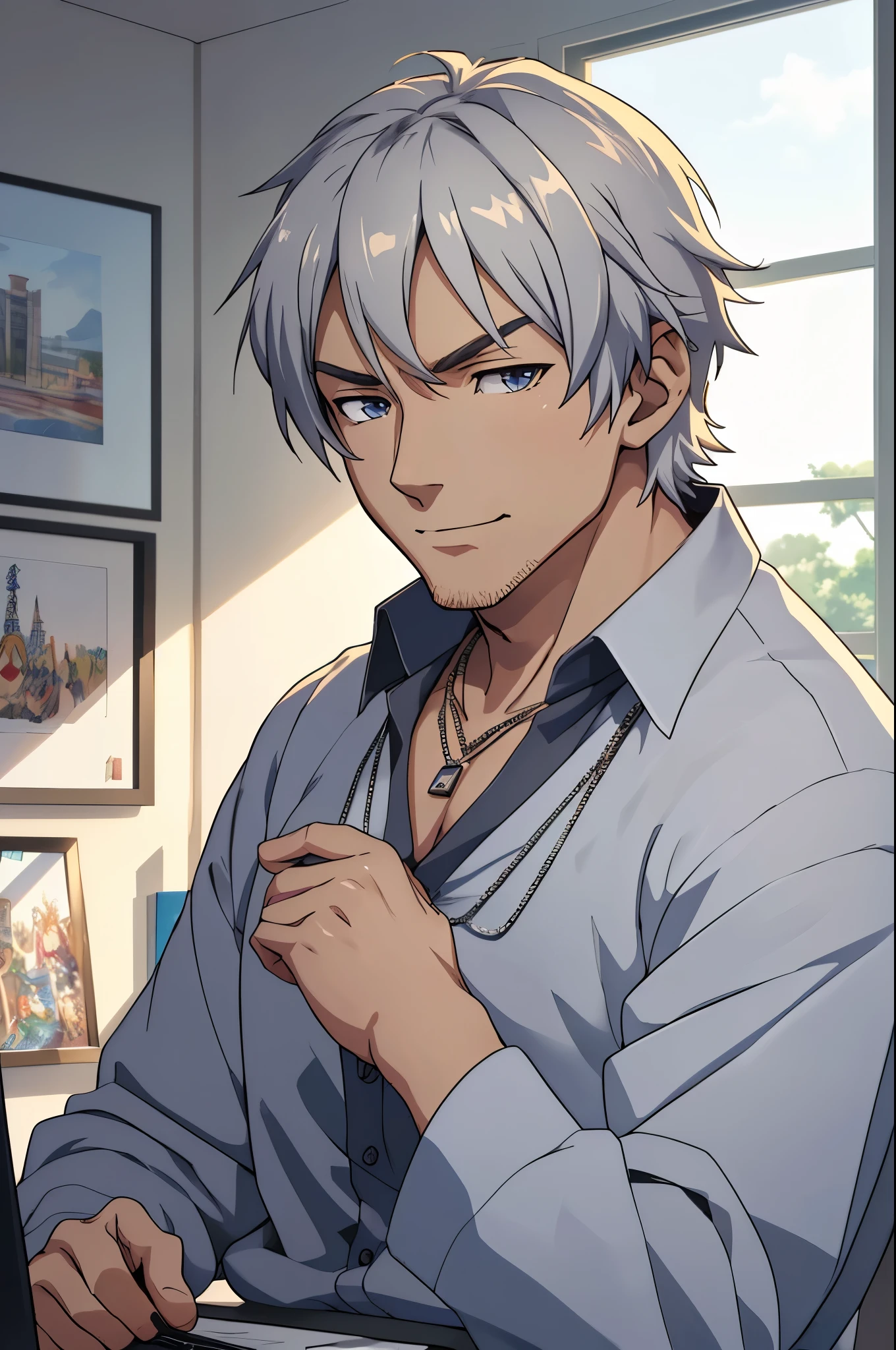 (((masterpiece、Anime Style、high resolution、high quality、Delicate、Ultra-high resolution、８ｋ)))Japanese men、６５age、Gray Hair、elder、Wrinkles、Black suit、WhiteＹshirt、accessories、necklace、office