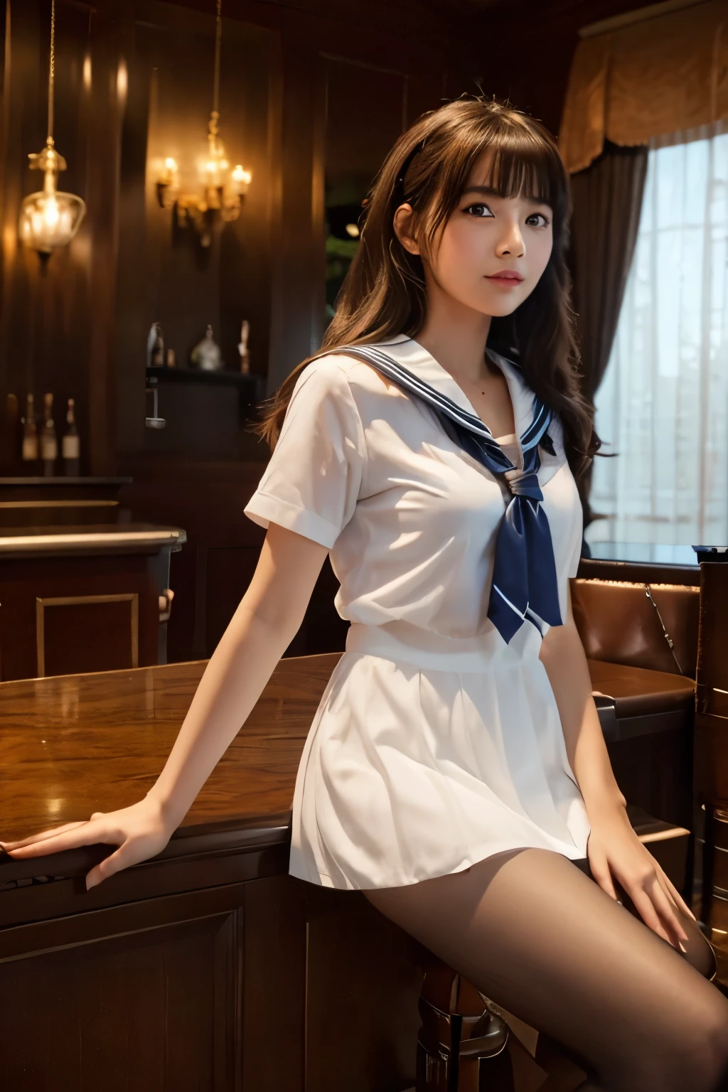 (see-through:1.3),white serafuku,sailor dress, white theme,unbuttoned school uniform, sailor suit, looking at viewer,  insanity, messy long hair, beautiful detailed eyes,Hair glows,dramatic angle,blue sailor collar, perky breasts,light smile,partially underwater shot..., in an upscale Gentleman's club