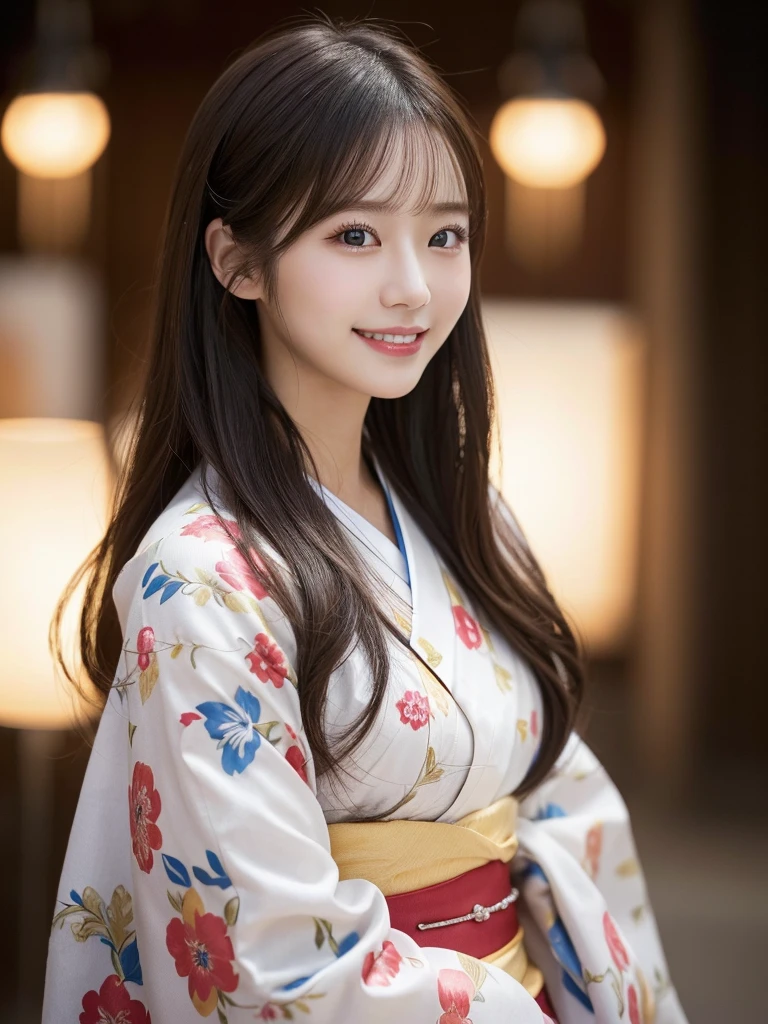 （kimono）、masterpiece、Beautiful girl、Beautiful detailsまでこだわった目、Highest quality, 超High resolution, (reality:1.2), Cinema Lighting、(Beautiful Japanese Women:18-year-old)、 Beautiful Face、Beautiful Skin、(Looking at the audience)、(Surreal)、(High resolution)、(8k)、(Very detailed)、(Beautiful details)、(Very detailed)、 (wallpaper)、Detailed face、Bright lighting、Professional Lighting、smile