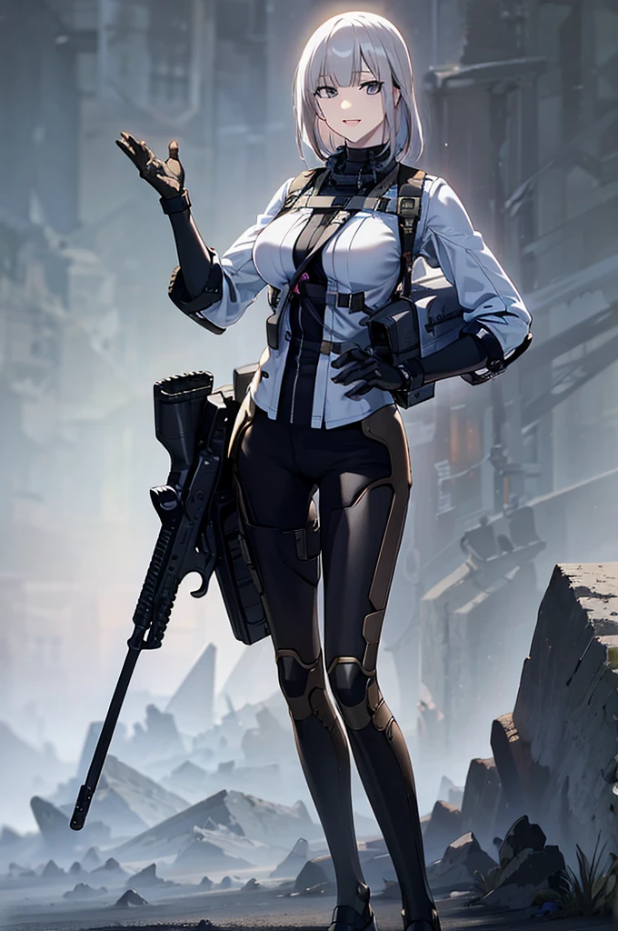 holding_gun, assault_rifle, Very detailed, Brown Hair, Anime Style, whole body, alone, Stylish Gunfighter Girl, Holding a steampunk long barrel pistol,Standing in the wasteland, 8K high resolution, White Background, In the spotlight, The background is a dark and desolate landscape, Horror movie atmosphere. Her figure is very beautiful, Emphasizing the dark and crazy elements. Skillfully expressing the effects of light and shadow