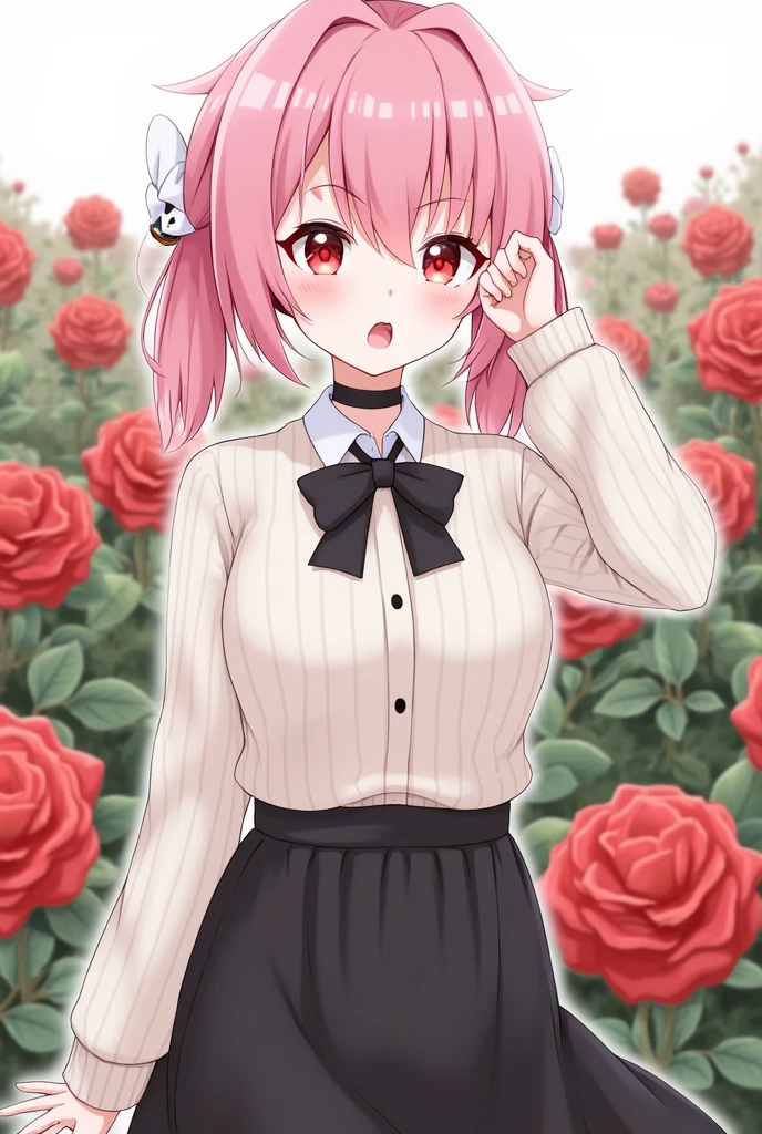 Anime girl, beautiful face, white long-sleeved sweater, black bow tie, black skirt, pink hair, twintail hairstyle, red eyes, white skin, black choker, in a rose garden.