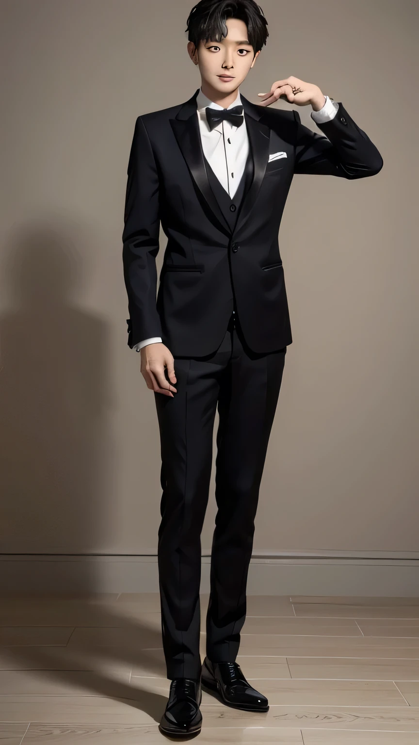 A Korean man in his 20s wearing a tuxedo. He is pointing at the camera with a confident look on his face. Full body shot.
