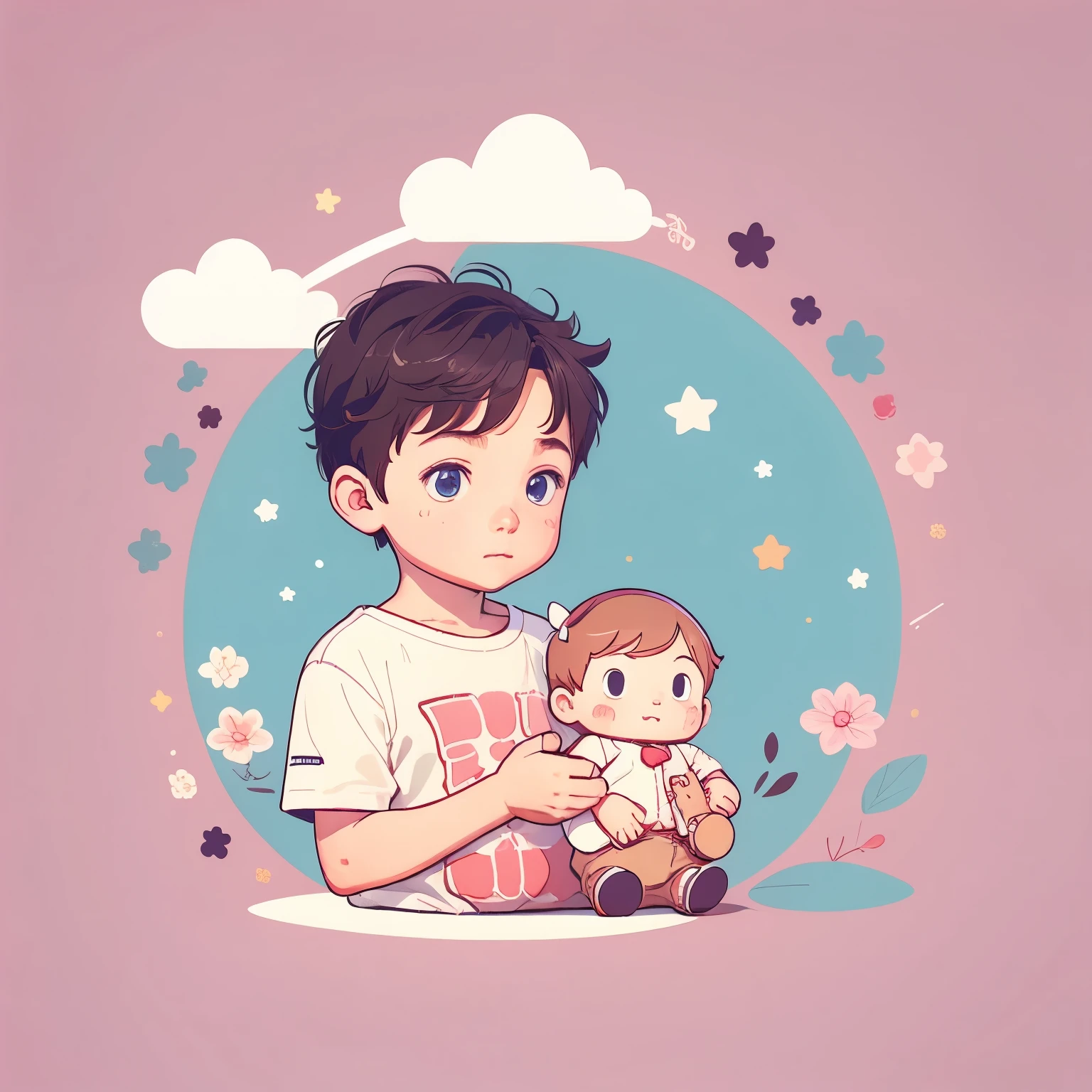 logo,minimalism,boy holding toy and doll