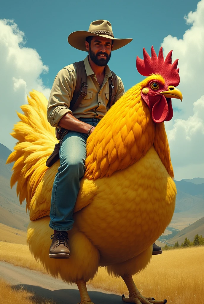 Man riding a yellow hen 