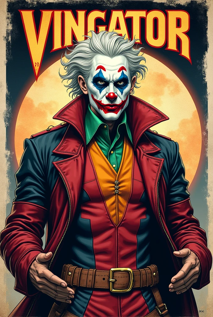 Old style marvel comic book cover ,with a character with clothes deadpool jumpsuit joker jacket face with clown makeup white hair, with title of "vingator"
