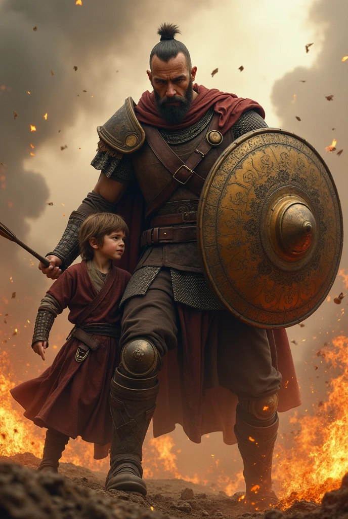 Image of a warrior father defending his son from fiery arrows with a bronze shield