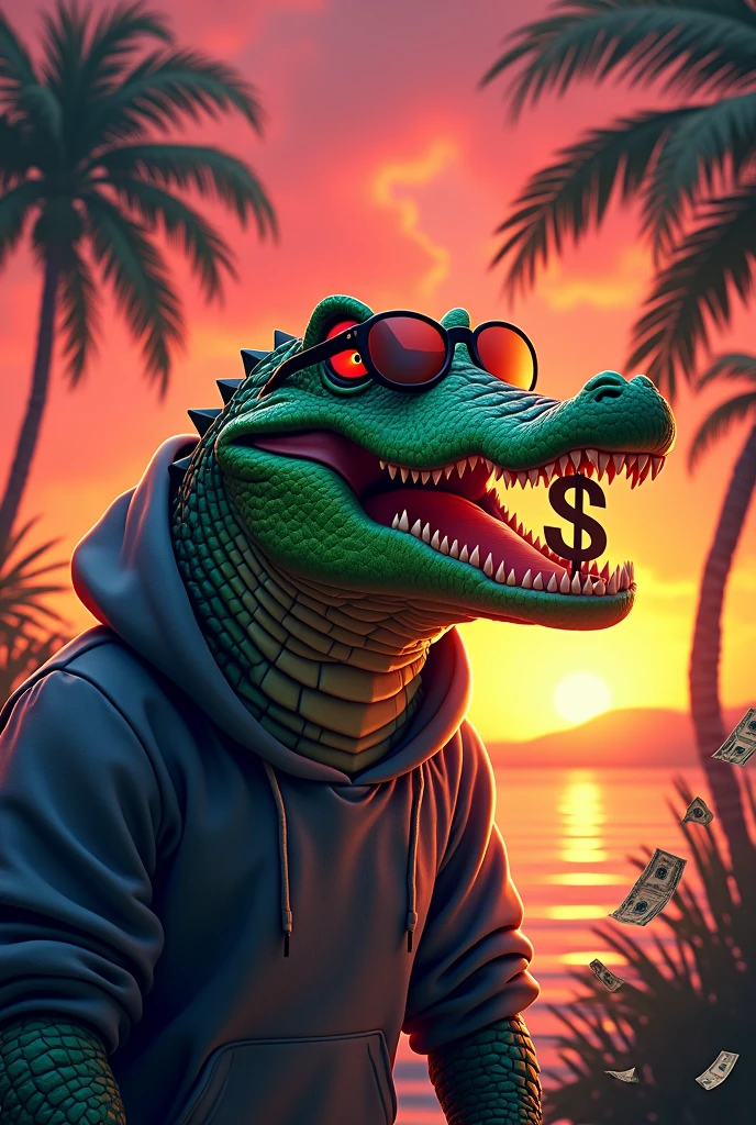 Crocodile head, Green,red eye,Dollar Symbol im Maul,palm trees, sun set,sunglasses ,hoodie,Dollar bills