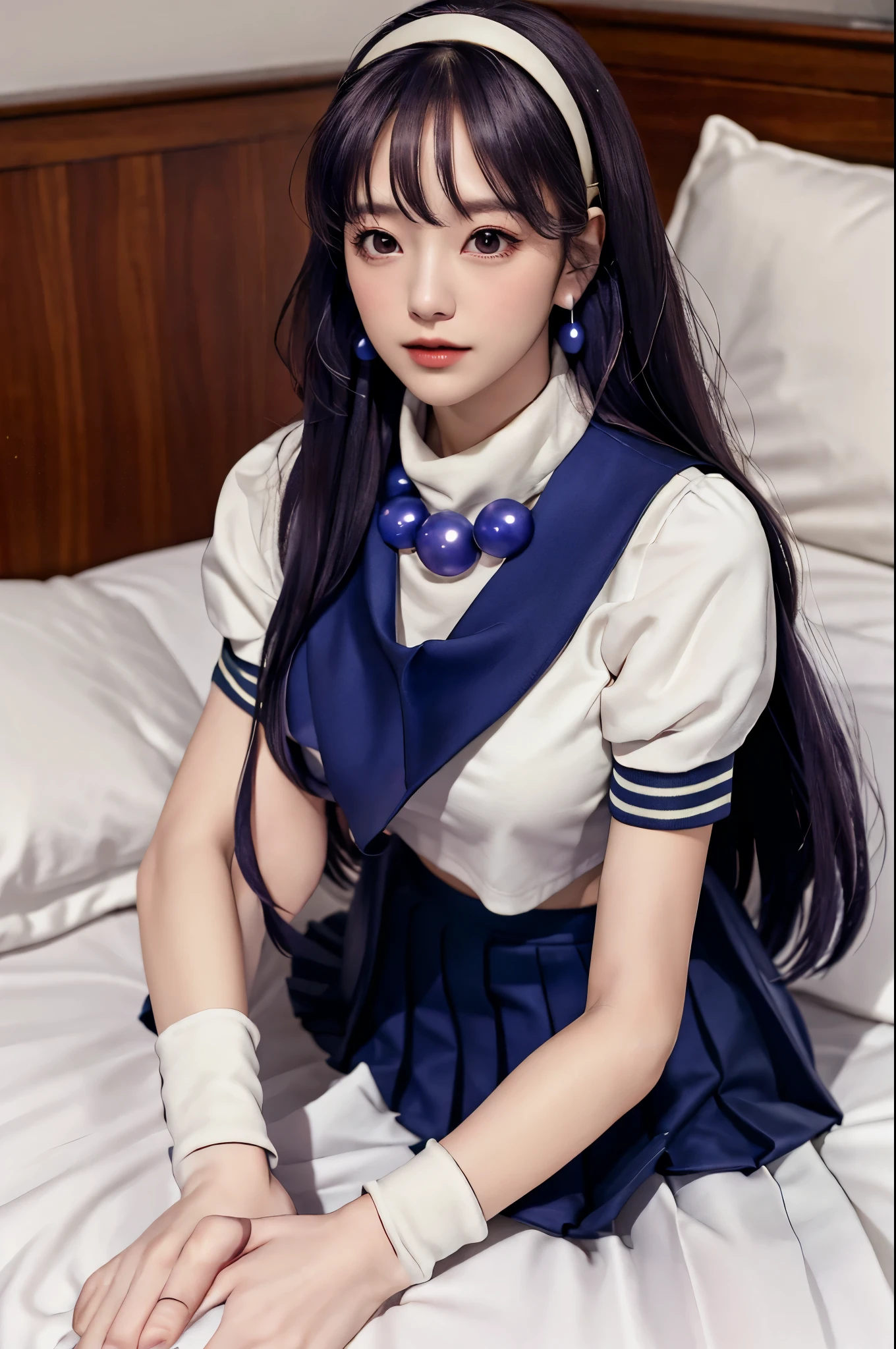masterpiece, best quality, high resolution, Yes 1, , Long hair, scarf, Long hair, necklace, earrings, Sailor Suit, Uniforms, Crop Top, White socks, , Pleated Skirt, Large target , Fluffy short sleeves, White sleeves, White wristband, whole body, bedroom, Large target Bed, , Cross your legs, View below，Lying down，