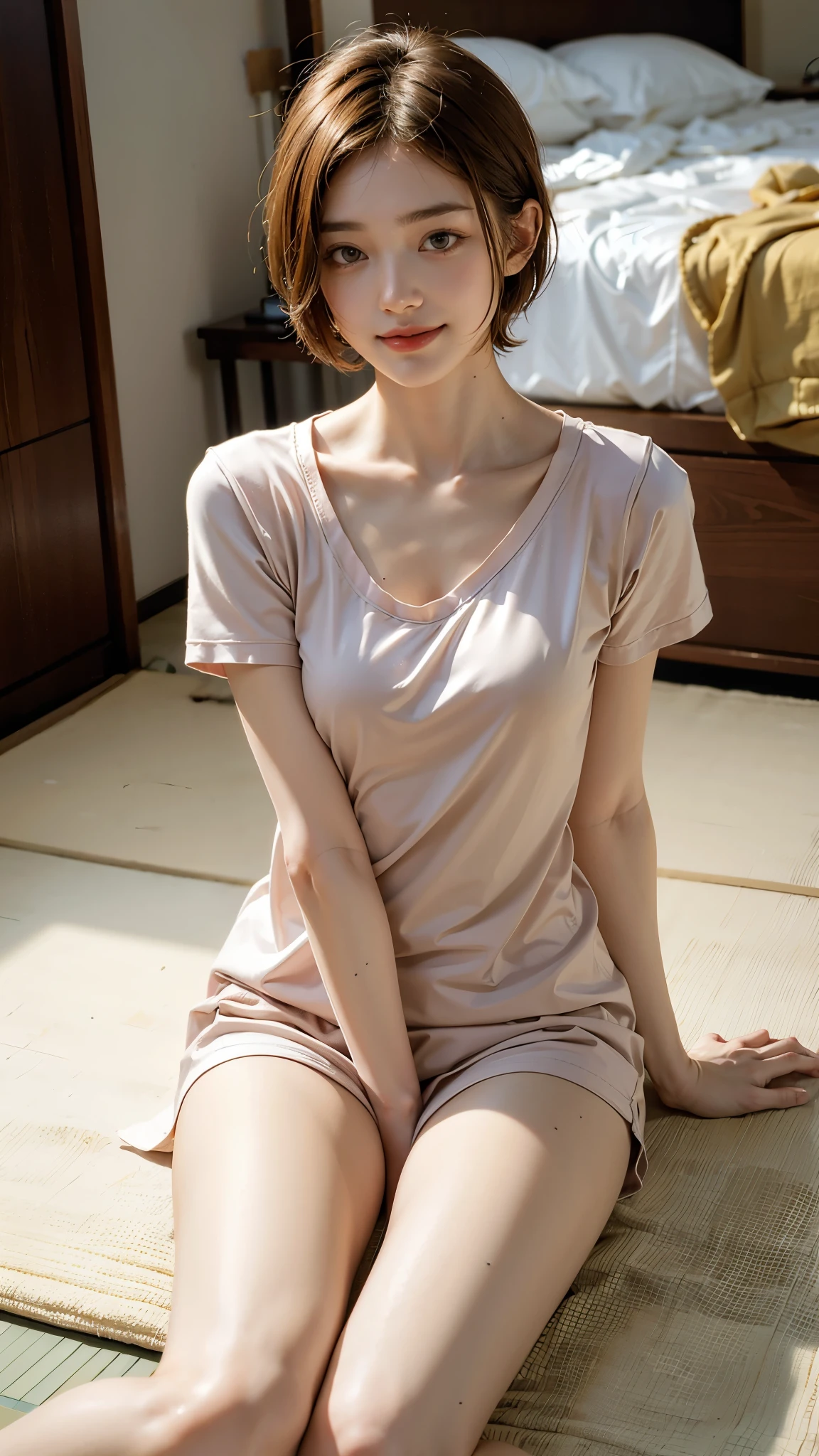 Highest quality, masterpiece, Ultra-high resolution,8k, (Realistic:1.6), (My Roomで寝転んでいるしてるポートレート:1.4)),((My Room,Bed on tatami mat)),((Showa retro furniture)),Slim Body,Leg stretch,RAW Photos,((Smiling with teeth showing)),((Short sleeve pajamas)),((Cute face)),Slim 26 year old adult female,1 person ,((Chestnut short hair)),Face Focus:1.4,