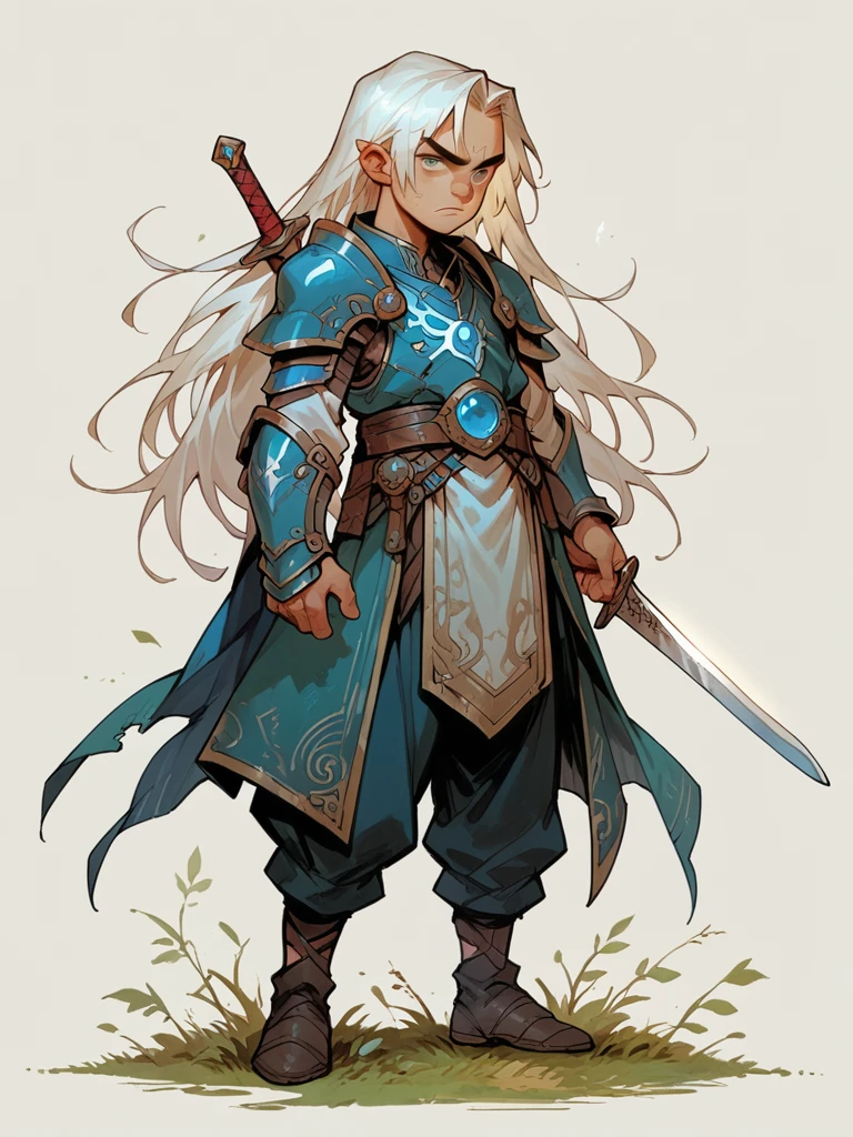 score_9, score_8_up, score_7_up, score_6_up, solo, 1 boy, ???, long hair, white hair, wearing shoulder armor, pauldrons, holding a sword, full body, g4n1m3,