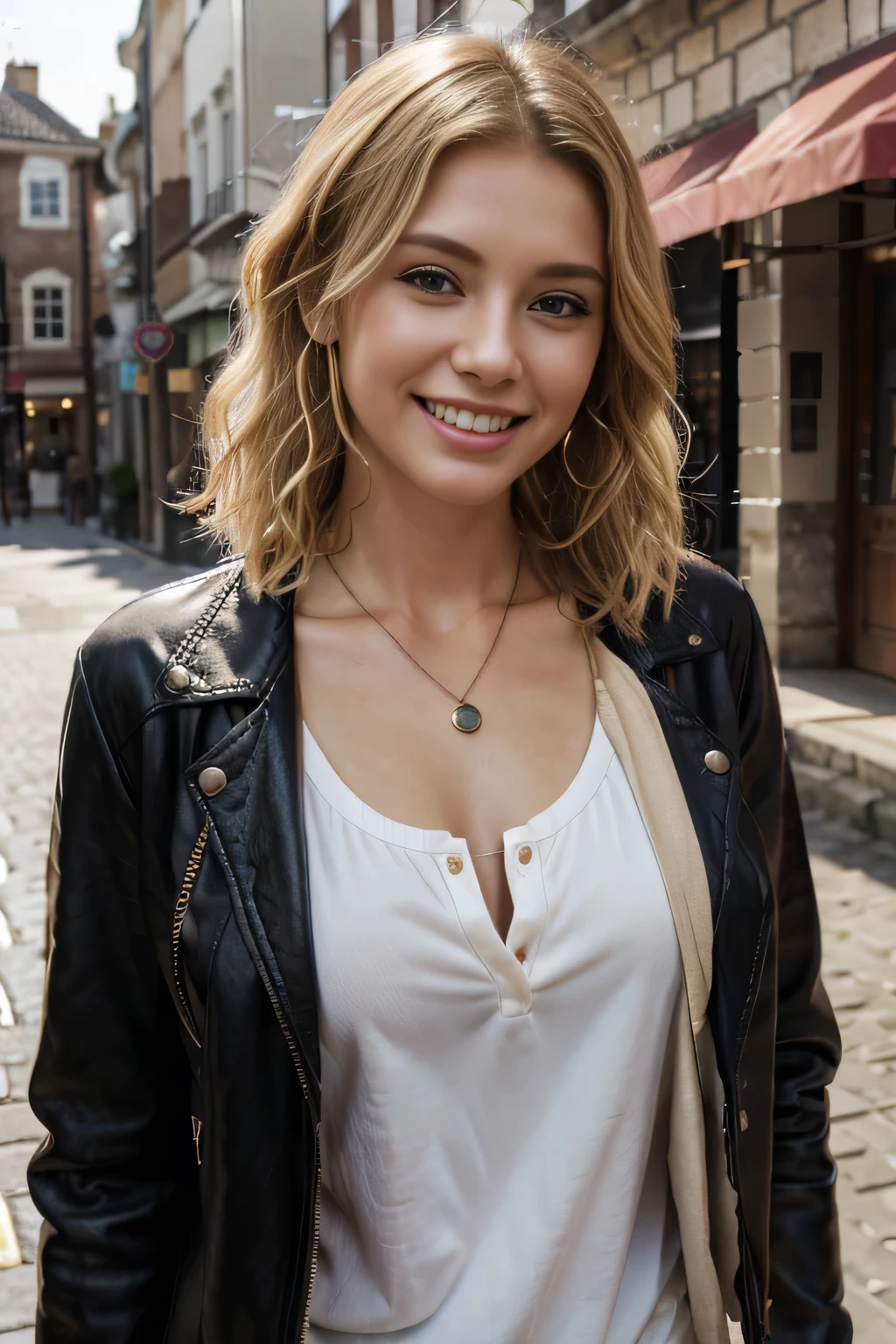 High resolution, 8k wallpaper, Beautiful Caucasian Woman、, leather jacket、shirt、、Necklace around the neck、 Blonde 、Short Haircut、Wavy Hair、、 、ear piercing、smile、Beautiful teeth alignment、The background is the town