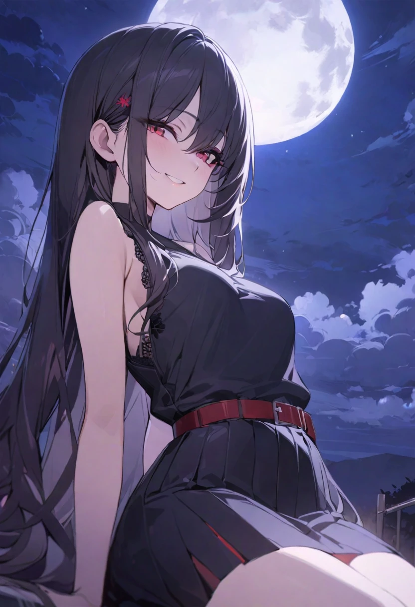 masterpiece, best quality, detailed, 1 Girl, Solitary, night sky, outdoor, Full Moon, Star, cloud, night,, Dark Sakura, (Black skirt), Long hair, Smile, Red belt, Striped, thigh