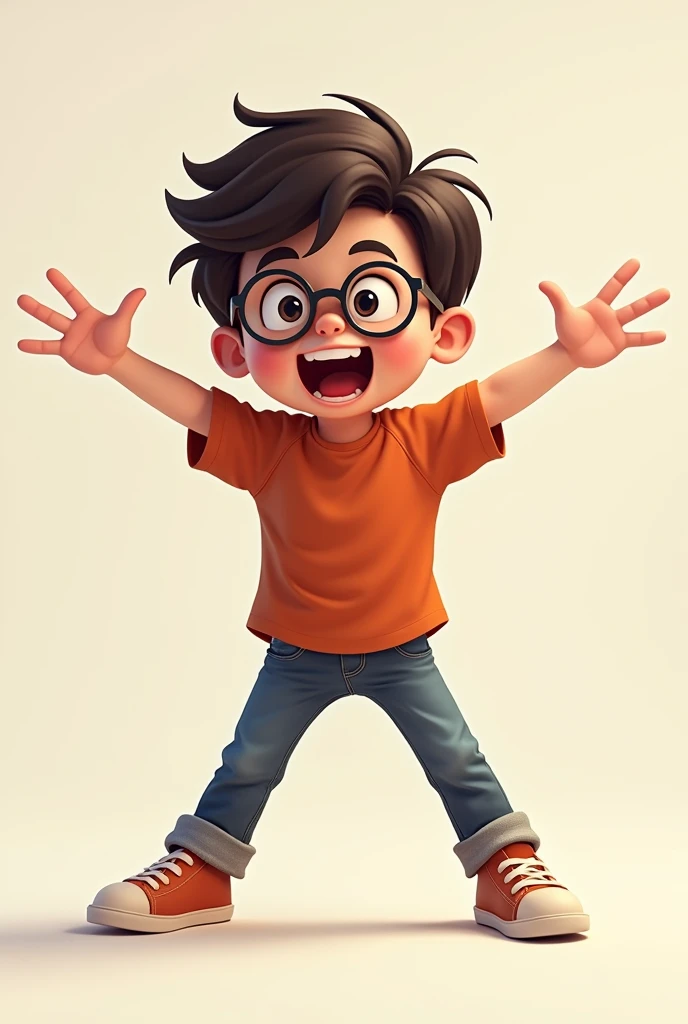A boy character in a t-pose without backgrounds, with accessories like a glasses, both arms are open, mouth open 