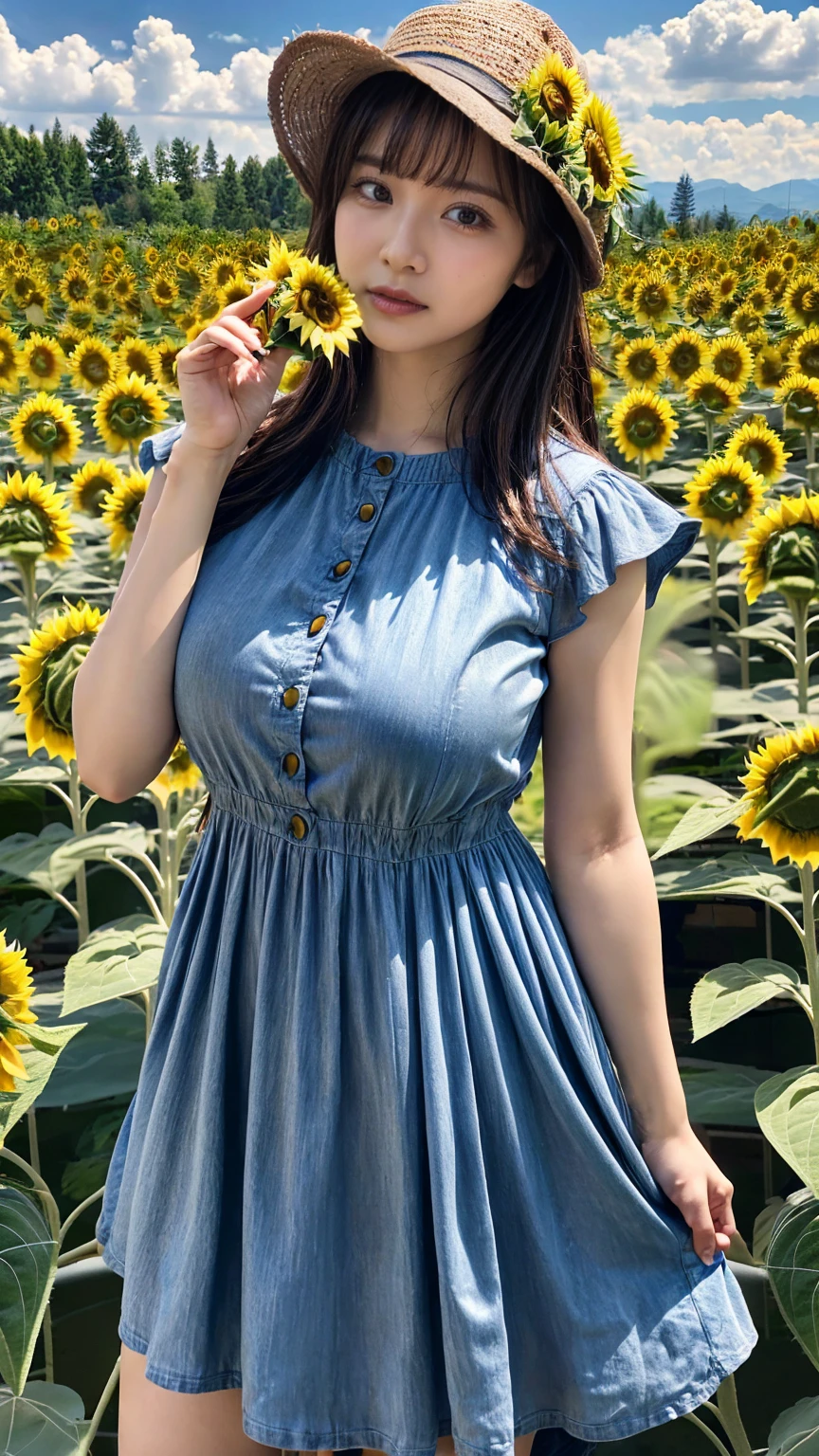 (8K, RAW Photos, Highest quality, masterpiece:1.2), (professional photography, full colors, studio-caliber color grading), (Gravure quality for high-end fashion magazines), close up, BREAK,18 year old girl, (straight hair:1.1), crying a little, Harajuku style, Big Natural Color Lip, (Plumpy body (smooth skin.1 (huge breasts BREAK (((casual dress.3)), BREAK (Sunflower field background)、