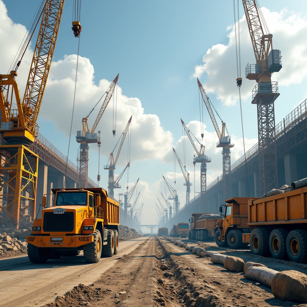 Hyper realistic image of outdoors construction and logistics background with heavy duty vehicles