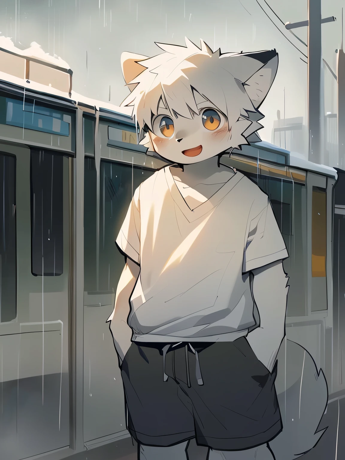 masterpiece, best quality, perfect anatomy, bright eyes, watery eyes, by milkytiger1145, by k0bit0wani, furry, Wolf, (trigger:0.25), male, 独奏, baggy clothing, (open smile:1.1), gentle, looking at viewer, train station, rain, (waterdrop:0.9), grey sky, raining, (fog:0.4)，by Pino Daeni, canyne khai, milkytiger1145, dagasi, yupa，boy