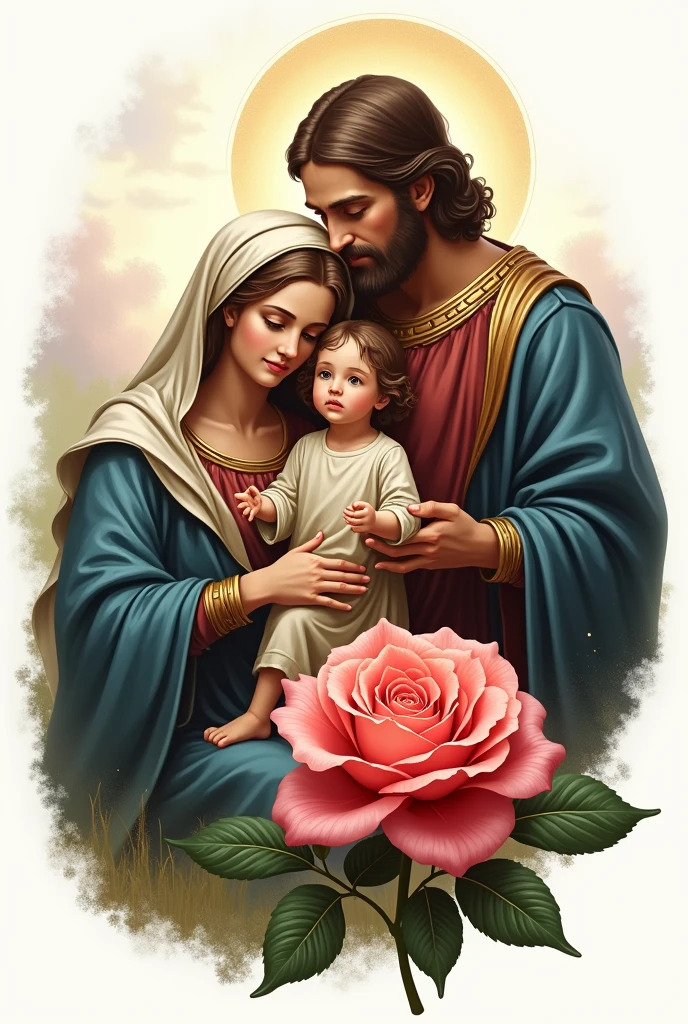 Create a logo of the Catholic Holy Family accompanied by a rose and the word "recreation"