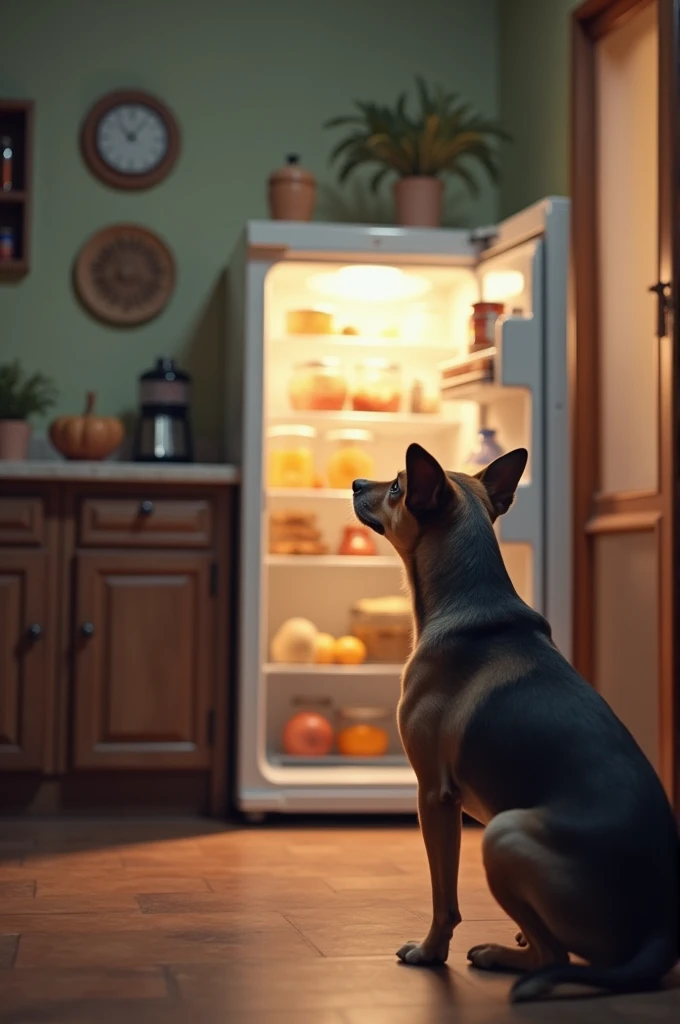 Real image of a dog looking towards a refigerator in an decent indian house