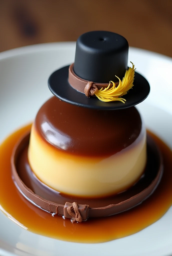 Plate containing a small salted caramel dessert with an alternating caramel and chocolate glaze, a belt around it made of chocolate with a black swordsman's hat with a yellow feather made of chocolate.