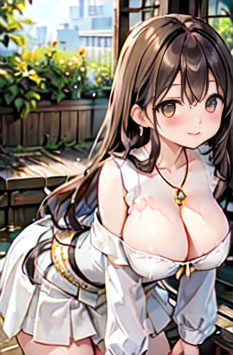 (high quality, High resolution, The finer details, Realistic), Long Wavy Hair、Dark brown hair、Earrings、Modest necklace、off-the-shoulder white shirt,Light yellow flared skirt, Clear skies, Strong sunlight, alone, Adult female, Sparkling eyes, smile, blush, Large Breasts, Oily skin, Shallow depth of field、Puffy nipples、Leaning forward to emphasize your breasts、Hold the skirt with your hands Skirt Fuwari、big、on board