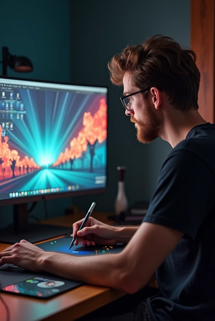 A handsome guy, a designer, sits in his room behind a monitor at such an angle that his face cannot be seen. and does his work in the application - Photoshop. Also, he has a graphic tablet on his table and in his hand he holds a brush, which he moves over the same tablet.
