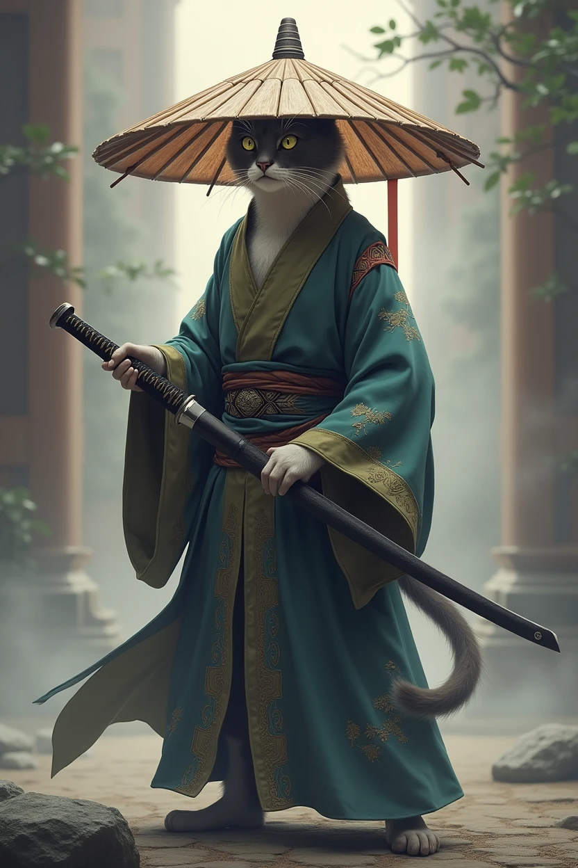 Create an image of a cat standing upright in traditional East Asian attire, wearing a wide bamboo hat on the head, wielding a sword with its right paw extended forward in an assertive stance, set against a misty backdrop to convey an atmosphere of ancient martial arts mastery.