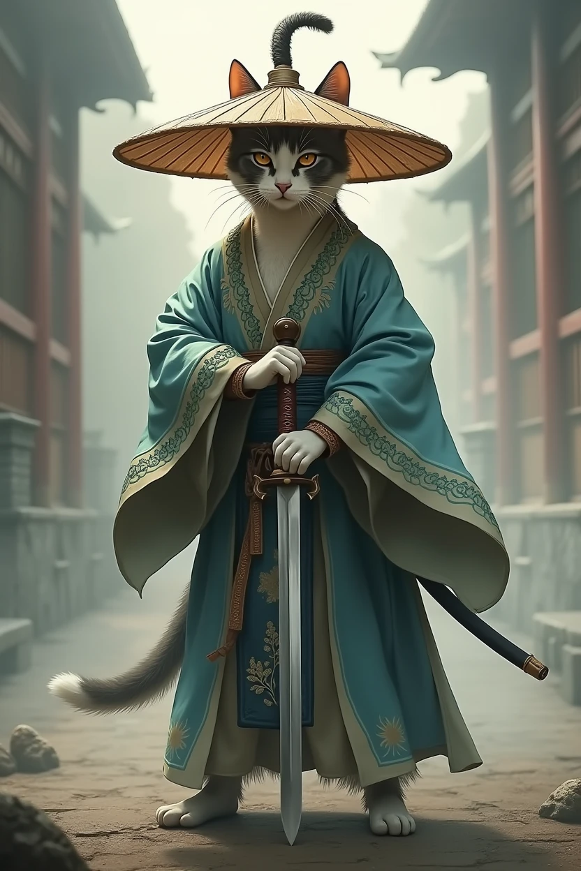 Create an image of a cat standing upright in traditional East Asian attire, wearing a wide bamboo hat on the head, wielding a sword with its right paw extended forward in an assertive stance, set against a misty backdrop to convey an atmosphere of ancient martial arts mastery.