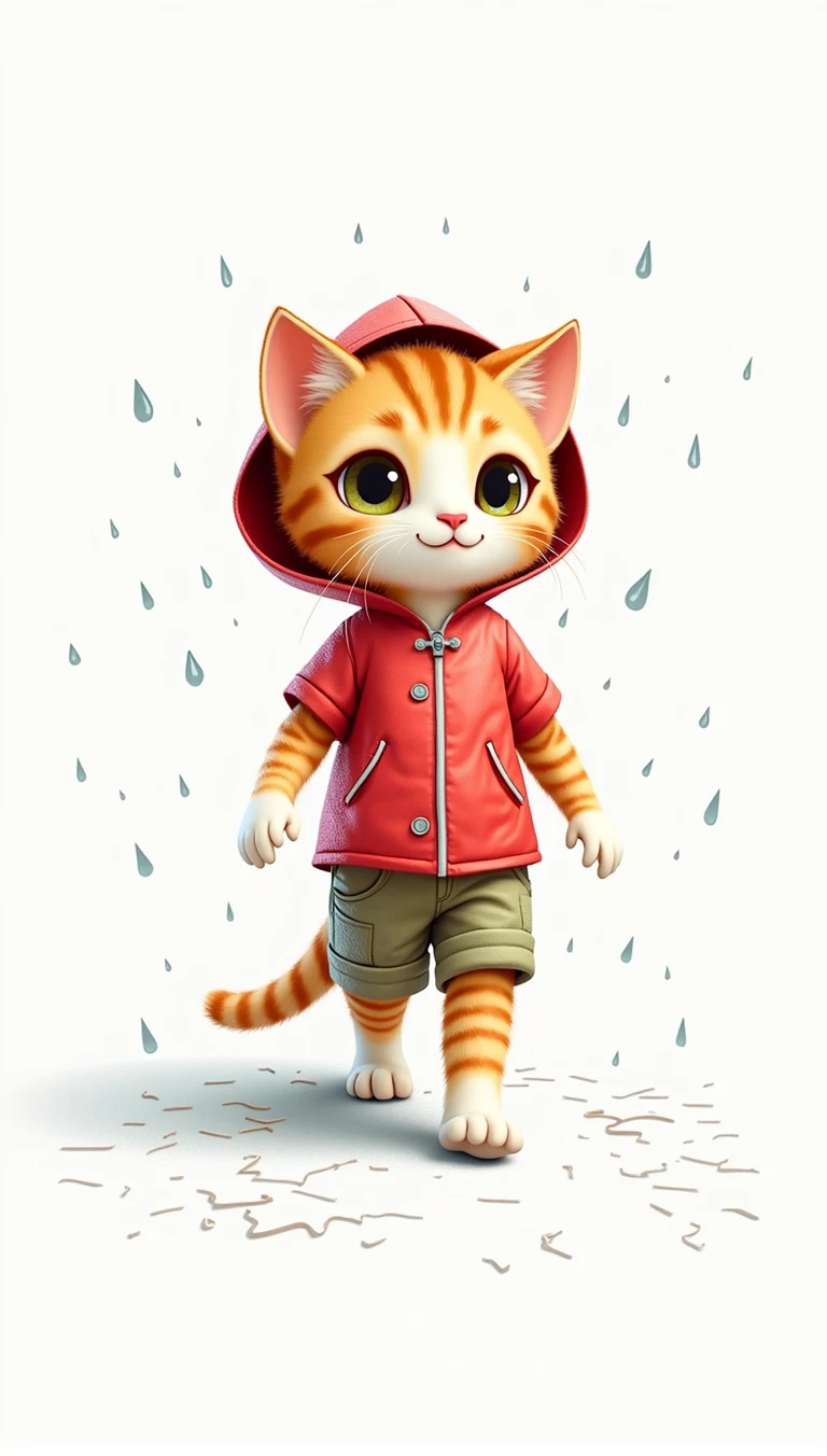 Wearing a raincoat on a rainy day, Cute cat walking towards me, Draw a map of Vietnam in the background.