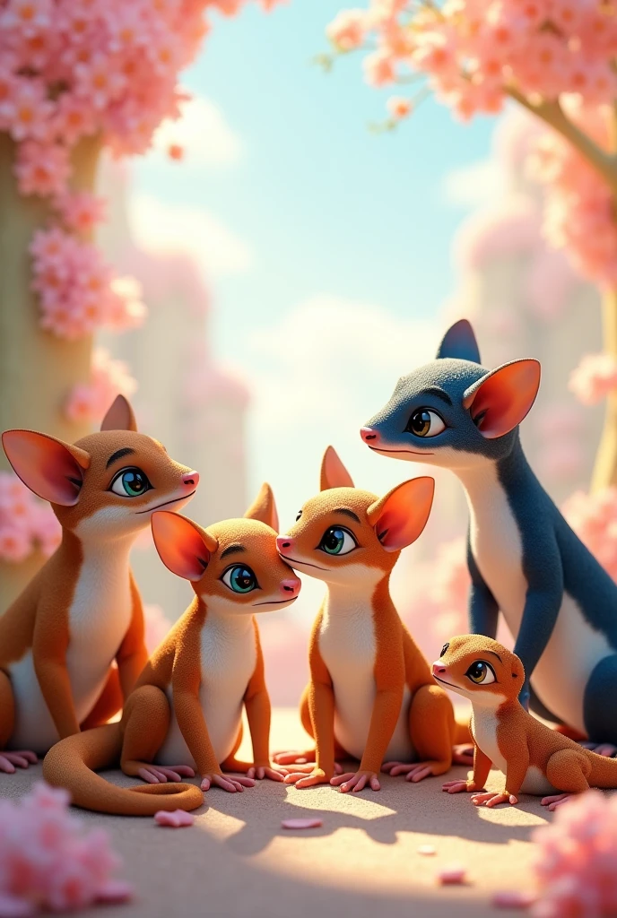 Four sugar gliders, same colors , one oreo geckos , one caramel gecko, cute, disney characters, suitable for desktop background