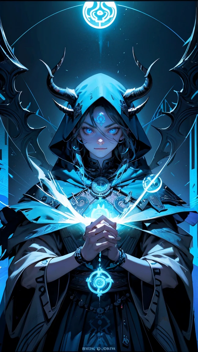 A striking and intense scene featuring a menacing shaman character with glowing blue eyes and a wide, sinister grin. The shaman's face is framed by long, wild hair and a hood adorned with horns and various Bitcoin symbols. The background includes intricate geometric patterns and a central glowing blue symbol resembling Ethereum. The text 'SHILL SHAMAN' is prominently displayed below the character, along with 'DHB 2019.' Replace the shaman character with a beautiful, cute girl while maintaining the same intense, striking style and the overall theme of power and mysticism. Ensure the new character has similarly styled hair, clothing, and accessories to fit seamlessly into the scene. The background, patterns, and overall color scheme should remain exactly the same, preserving the powerful and mystical feel of the image.